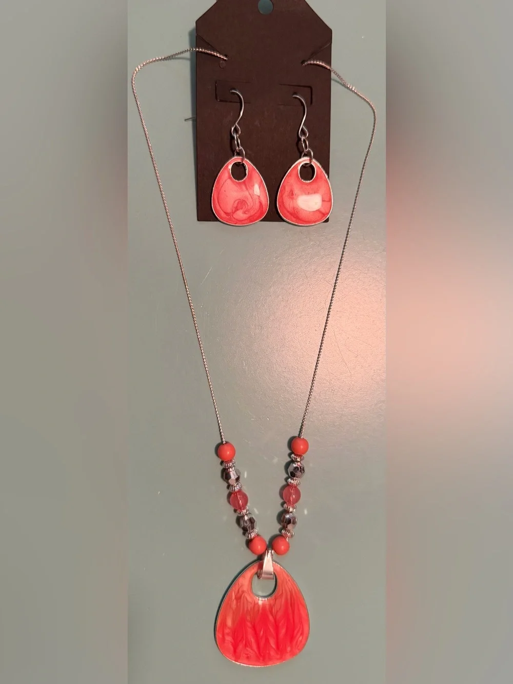 Coral Drop Pendant Necklace & Earrings Set